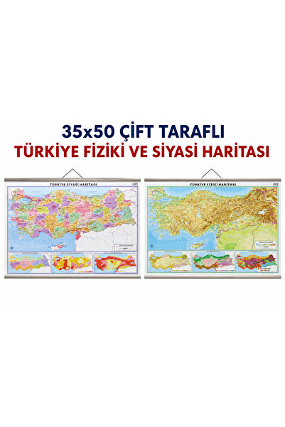 TOMBİ-X 35x50 Çift Taraflı Dünya Haritası Fiziki ve Siyasi Duvar Haritası Askılı