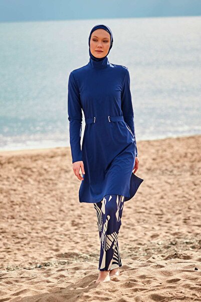 Marina Navy Blue Patterned Parachute Full Covered Hijab Swimsuit 4-Piece Set ...