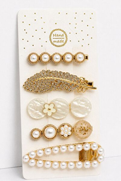 MakeWell Set of 5 Vintage Flower and Pearl Detailed Hair Clips |   Gold Color...