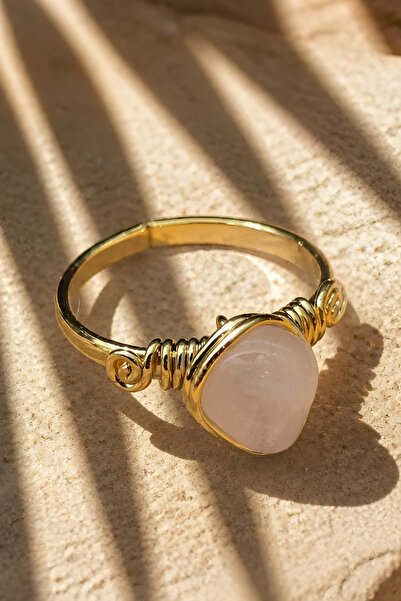 NBS Beautiful Naturel Stones Pink Quartz Gold Color Ring Adjustable Copper To...