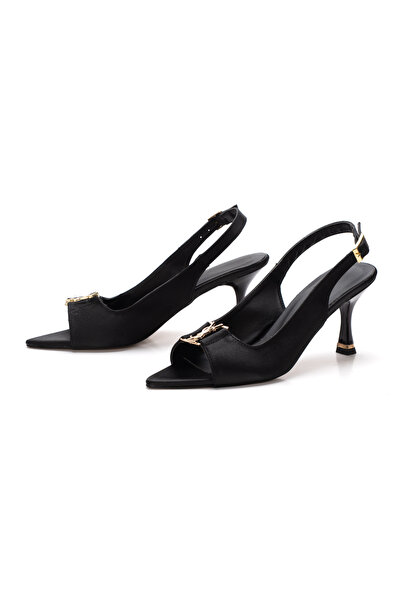 elvinshoes Jayla kadın siyah saten tokalı siviri burun topuklu ayakkabı