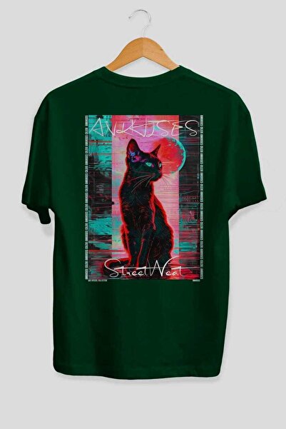 Ankhises For the Love of Cats 56 Cats Printed Green Oversize T-Shirt 100% Cot...