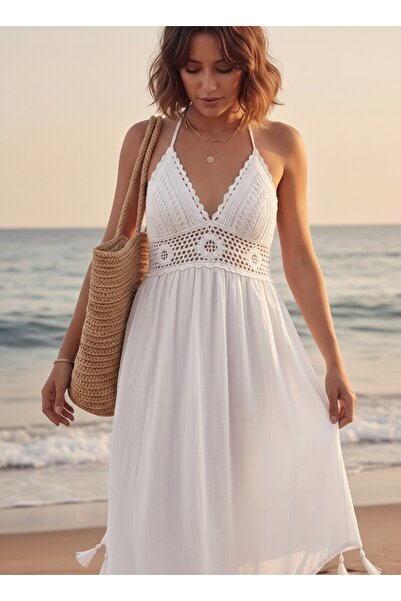 CESSTORE Lace Buldan Fabric Asymmetrical Cut Hand Knitted Bustier Model Beach...