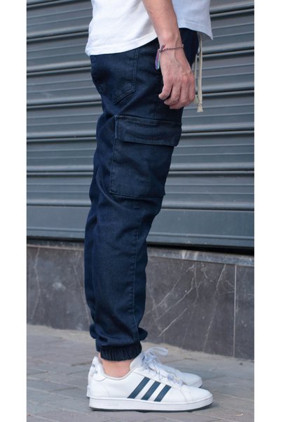green poll Men's Jogger Cargo Pants with Side Pockets, Elastic Waist and Cuffs, Washed Denim, Water Washed, Navy Blue