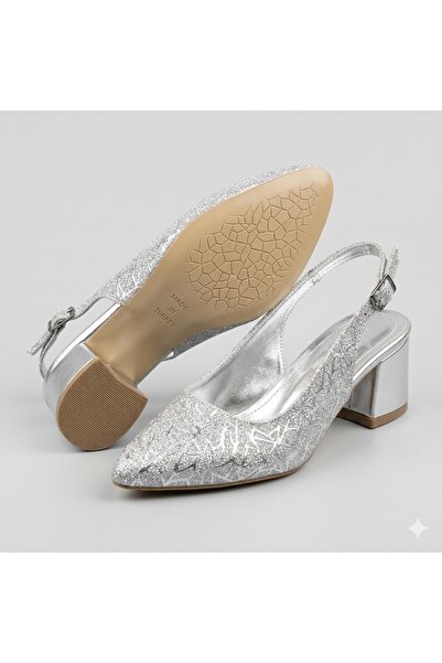 KİNDEP (Wiesse) Closed Toe Wide Heeled Women's Shoes Silver
