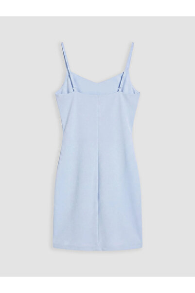 LC Waikiki Blue V-Neck Drawstring Strap Gathered Crepe Dress