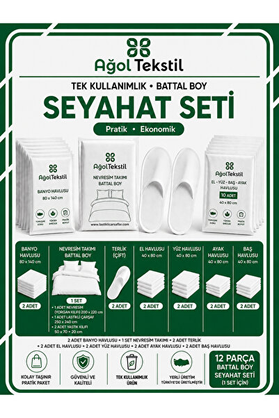 ağol tekstil Tek Kullanımlık Battal Boy Seyahat Seti | Nevresim Takımı + 10 P...