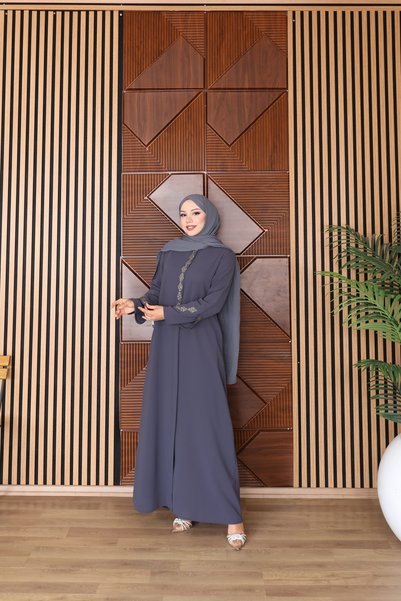 Işıltı Ferace Laser Cut Stone Detailed İkbal Ferace (Gray)