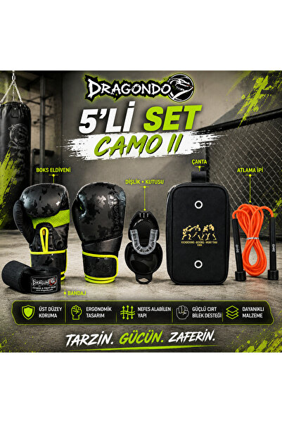 Dragondo Kamuflaj Boks Eldiveni Dişlik Bandaj Atlama İpi Çanta 5'li Set