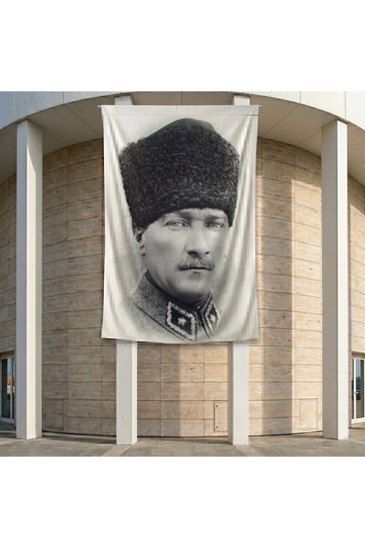 puntodizayn Siyah Beyaz Kalpaklı Atatürk Portresi Poster Bayrak Premium Raşel Kumaş ATA30 2x3m
