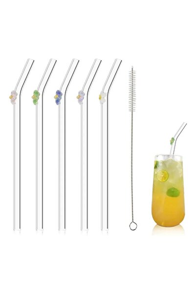 Generic Glass Drinking Straw with Colorful Flower Design And Cleaning Brush