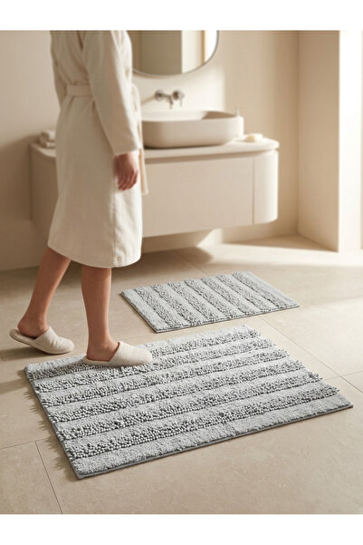 Menderes Home Cotton Collection Line 2-Piece Bath Mat Gray 60X100+50X60 cm