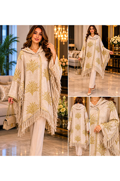 BALİS PİJAMA Women's Cream Black Ethnic Embroidered Tasseled Knitwear Coat Wi...