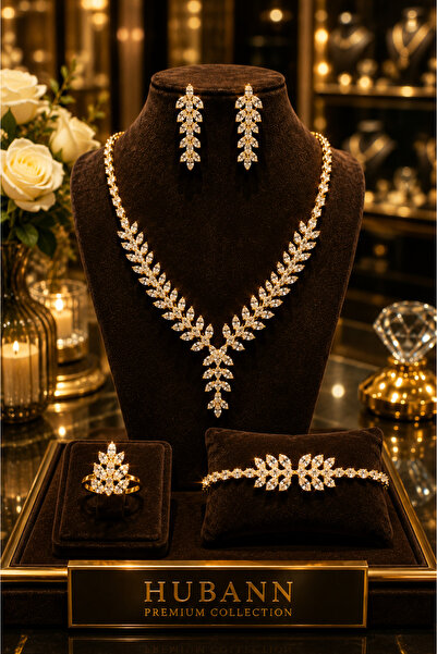 HUBANN Gold Royal Leaf Markiz Kesim Zirkon Taşlı Pırlanta İşçiliği 4'lü Takı ...