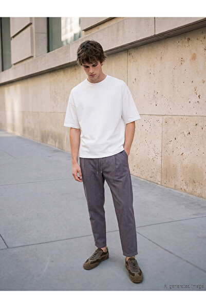 LC Waikiki Nevavm Striped Men's Trousers with Elastic Waist and Difference in...