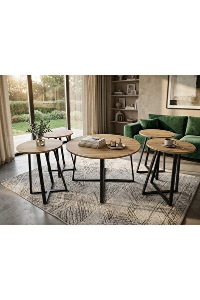 Generic "Oslo" Modern Coffee Table Set (5 Pieces) - Warm Wood Finish and Stur...