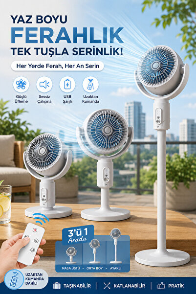 Zineets F2 Fan Masaüstü ve Ayaklı Kullanım Şarjlı Döner Başlı Zaman Ayarlı Ku...