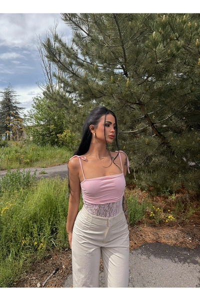 kırmızı butiks Pink Angel Guipure Strap Bodysuit