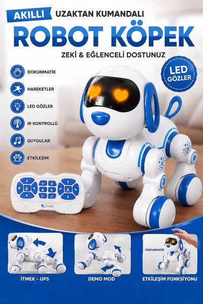 Toyaş Mavi Uzaktan Kumandalı Akıllı Robot Köpek | Dokunmatik, LED Gözlü, Şark...