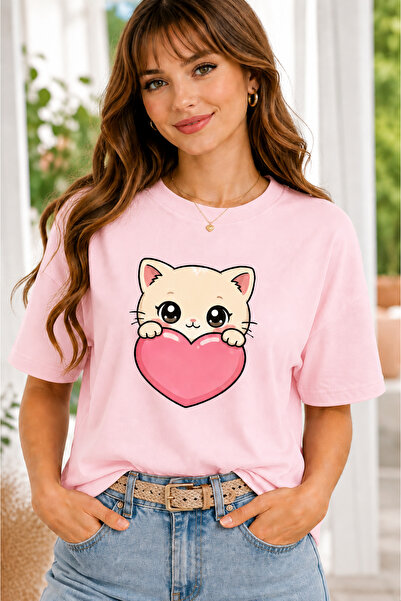 VODEXA Women's Oversize T-Shirt Hearted Cat Printed 100% Cotton T-Shirt Comfo...