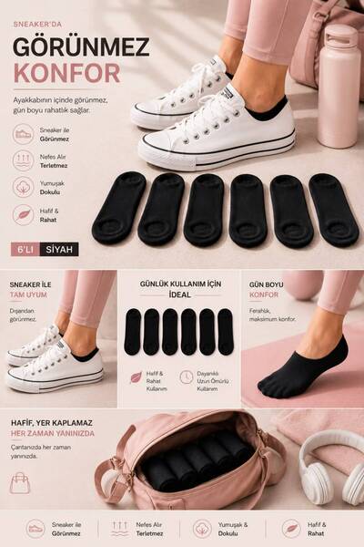 ask Women's Black 6-Piece Invisible Sneaker Socks