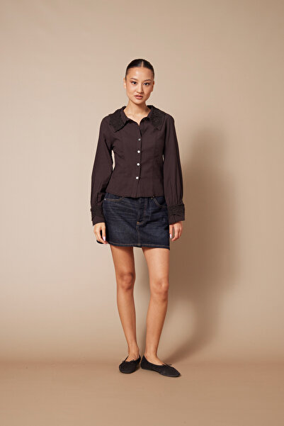 Nisan Cotton Shirt with Lace Details Brown