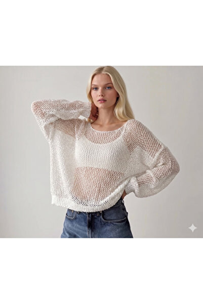 Sibel Günay Butik Women's Mesh Knitted Lace Rope Boat Neck Ecru Blouse - Stan...