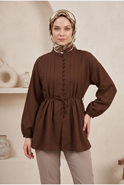 FERHEL Women's Belted Shirt with Elastic Sleeves and Buttoned Ribbed Detail -...