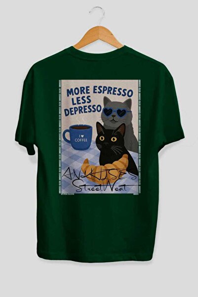 Ankhises For the Love of Cats 111 Cat Printed Green Oversize T-Shirt 100% Cot...