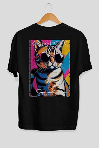 Ankhises For the Love of Cats 13 Cats Printed Black Oversize T-Shirt 100% Cot...