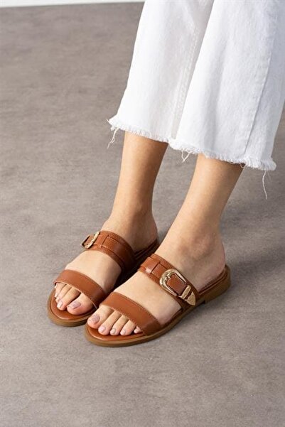 diclepolat Women's Double Strap Buckle Casual Slippers Ayrep Taba