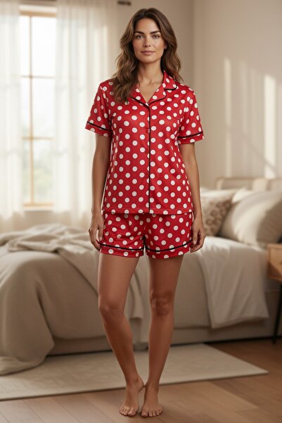 MARİGOLD COLLECTİON Polka Dot Printed Buttoned Lycra Fabric Women's Shorts Pi...