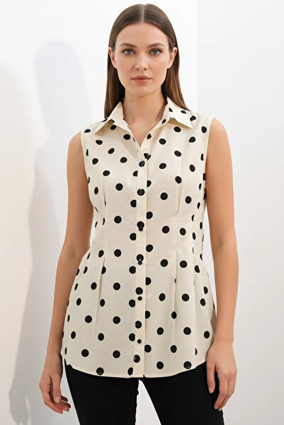 Şeker Portakalım Women's Waist-Fitted Polka Dot Ecru Shirt