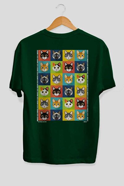Ankhises For the Love of Cats 122 Cat Printed Green Oversize T-Shirt 100% Cot...