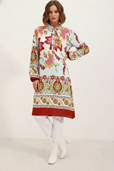 Efnaz style Women's Shirt Collar Floral Patterned Viscose Burgundy Dress