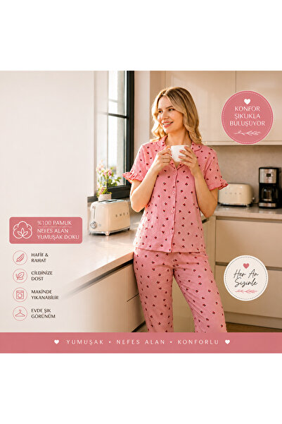 Nior iç giyim Summer Muslin Pajama Set for Women |   Cherry Printed Shirt Col...