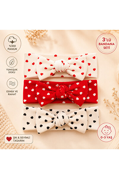 LUVVERA 3-Piece Heart Patterned Baby Bandana Set 100% Cotton Flexible Hair Ba...