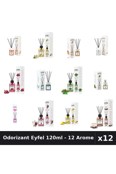 Eyfel Set 12 Odorizant Cameră Betișoare - 12 Arome Asortate, 120ml Parfum Intens