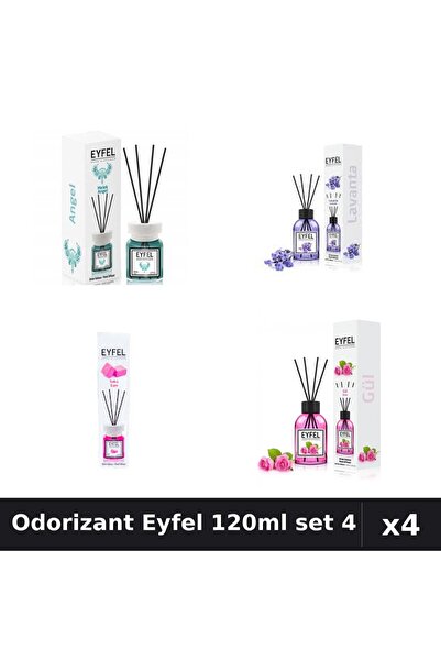 Eyfel Set 4 Odorizant Cameră Bețișoare 120ml - Angel, Lavandă, Trandafir, Bub...