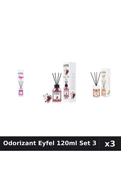 Eyfel Set 3 Odorizant Cameră Bețișoare 120ml - Acacia, Bouquet, Bubble Gum