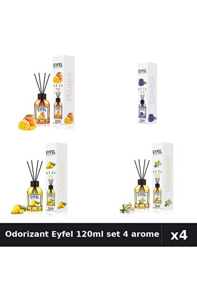 Eyfel Set 4 Odorizant Camera cu Betisoare 120ml - Mango, Zambile, Ananas, Man...