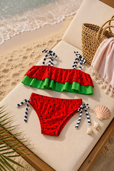 Tuğra Bebe Kız Çocuk Karpuz Desenli Fırfırlı İki Parçalı Bikini Takımı