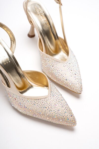 KARABAGSHOES Women's Pointed Toe Open Back Thin Heeled Stiletto with Gold Stones