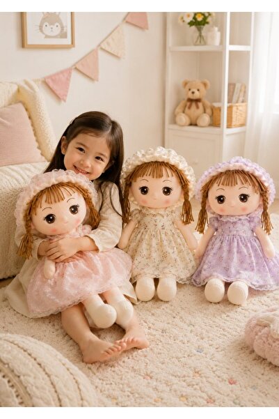 DAT Rag Doll Plush Soft Stuffed Doll 70cm with Floral Dress, Lace Bonnet & Yarn Braids, Pink Yellow Purple