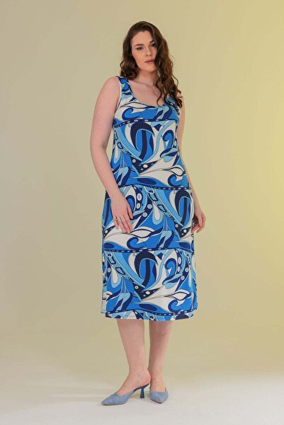 Madwilo Women's Blue and White Abstract Pattern Strappy Plus Size Dress