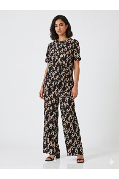 Topstar Two-Piece Pajama Set with Trendy Letter Print (Top and Wide-Leg Pants)