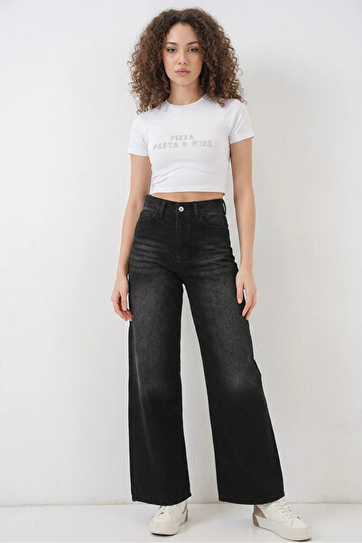 Şeker Portakalım Women's High Waist Wide Leg Palazzo Jeans Black Trousers