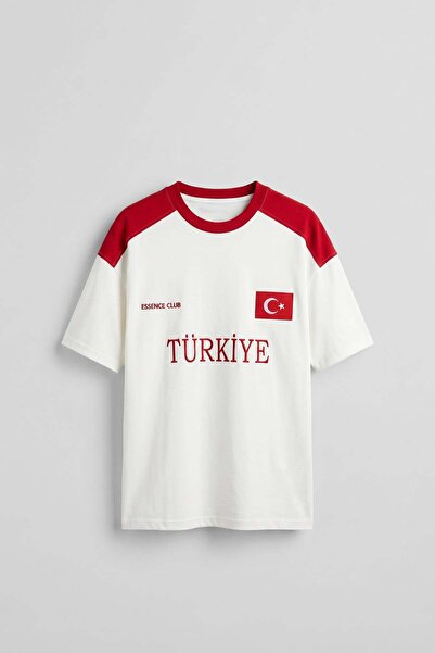ablukaonline Erkek Oversize Nakışlı Ülke Temalı Forma T-Shirt Ekru/Kırmızı