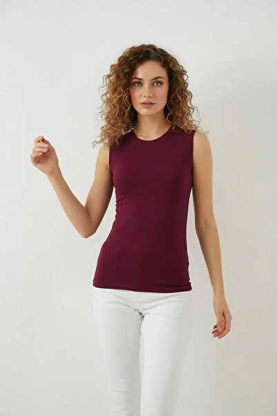 buğrahayalin Women's Round Neck Sleeveless Viscose Claret Red Bodysuit