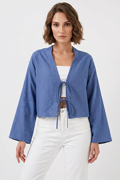 buğrahayalin Women's V-Neck Front Tie Linen Indigo Kimono